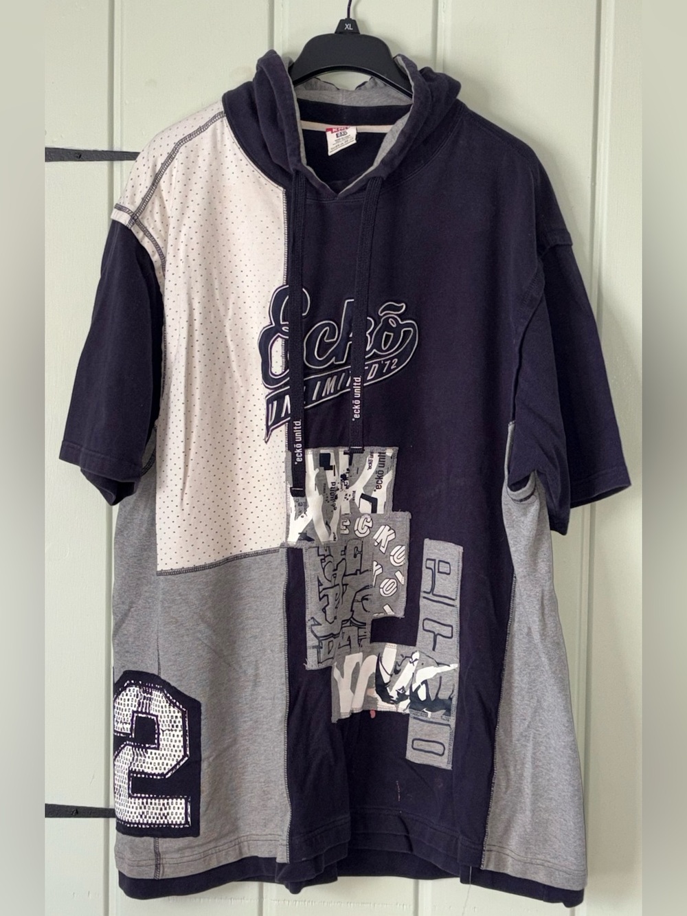 VTG Y2K Ecko Unlimited Black & Gray Patchwork Short-Sleeve Hoodie size 3X